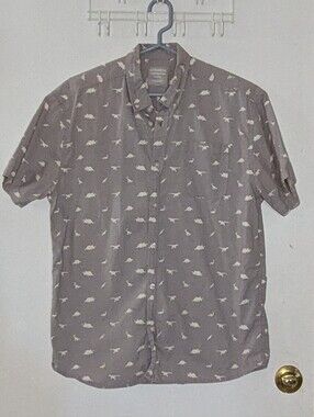 Alpha Beta Gray Dinosaur All-Over Print Short Sleeve Button Down Shirt Size L